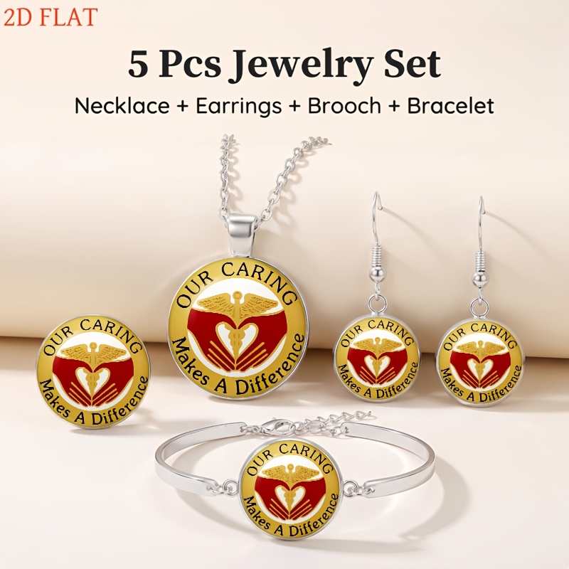 5pc Caduceus Themed Necklace, Earrings, Brooch & Bracelet Set